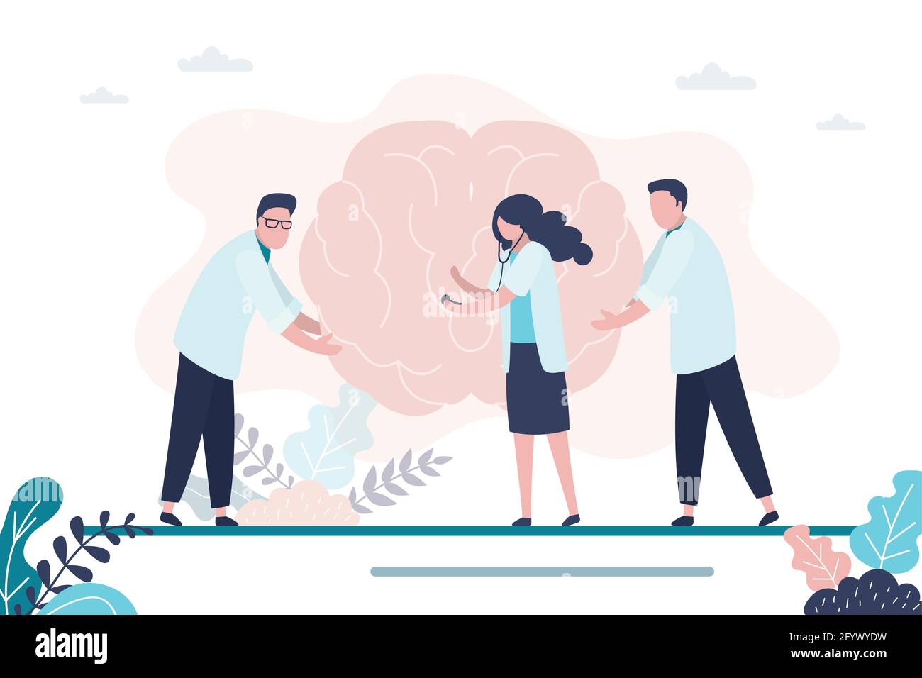 I medici aiutano il cervello. Il gruppo neurologo analizza l'anatomia cerebrale. Concetto di trattamento delle malattie degli organi interni. Carattere maschile e femminile in camici medici bianchi. Illustrazione Vettoriale