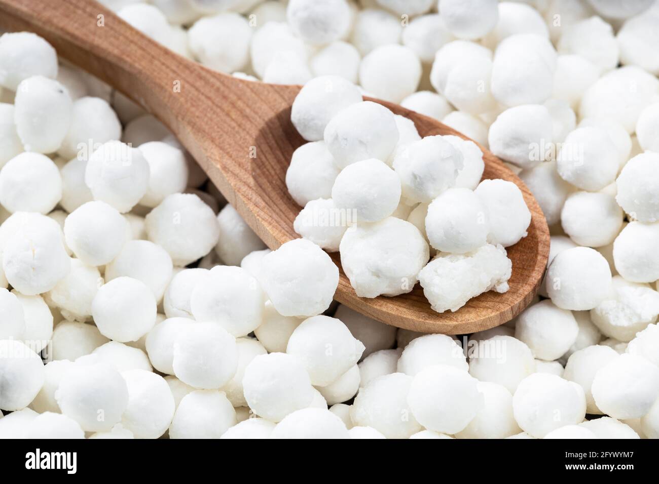 sopra la vista di cucchiaio di legno con perle di tapioca grezze vicino su su su su su palo di zucchero Foto Stock