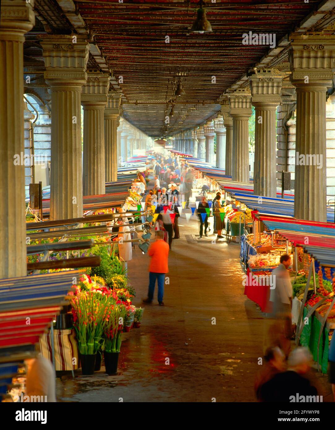 Francia, Parigi, bancarelle del mercato del centro città sotto tram, Foto Stock