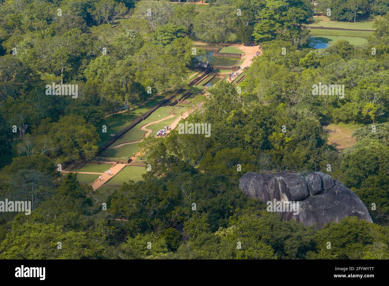 Vista aerea degli antichi giardini acquatici del complesso del palazzo Sigiriya. Sri Lanka Foto Stock