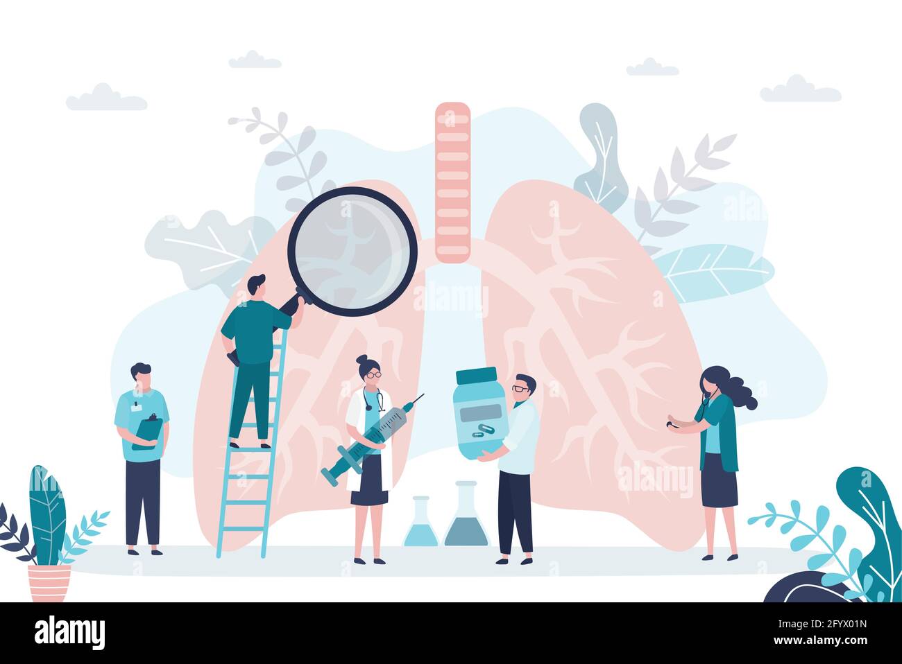 Gruppo di pulmonologisti controllare le condizioni e trattare i polmoni. Il medico con lente di ingrandimento esamina l'organo respiratorio. Concetto di pulmonologa, medicina. Illustrazione Vettoriale