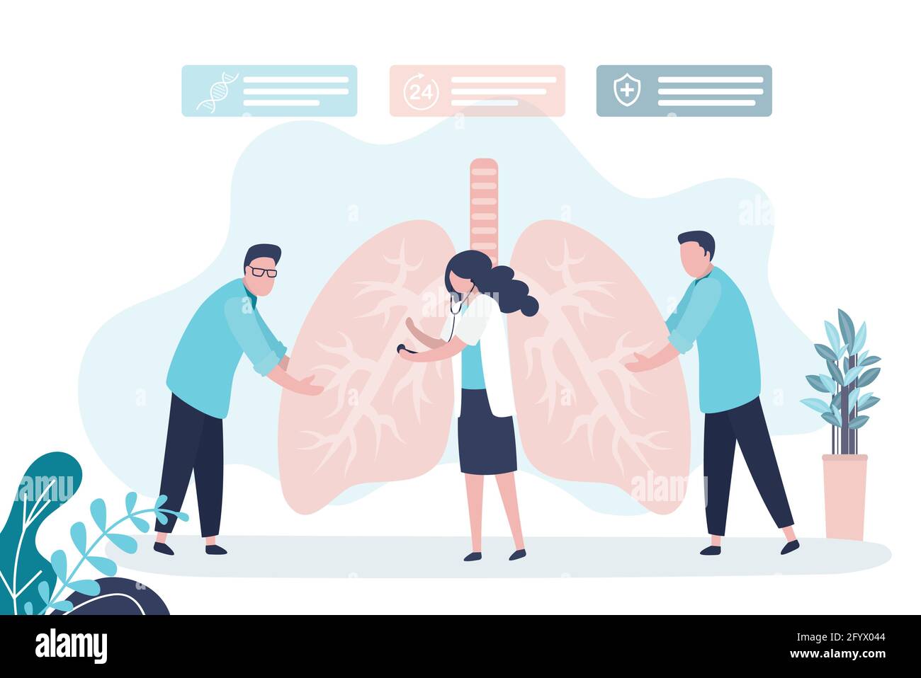 Squadra di medici controlla la condizione dei polmoni. Gruppo di pulmonologisti esaminano e trattano organi respiratori. Donna esamina con uno stetoscopio. Concetto di Illustrazione Vettoriale