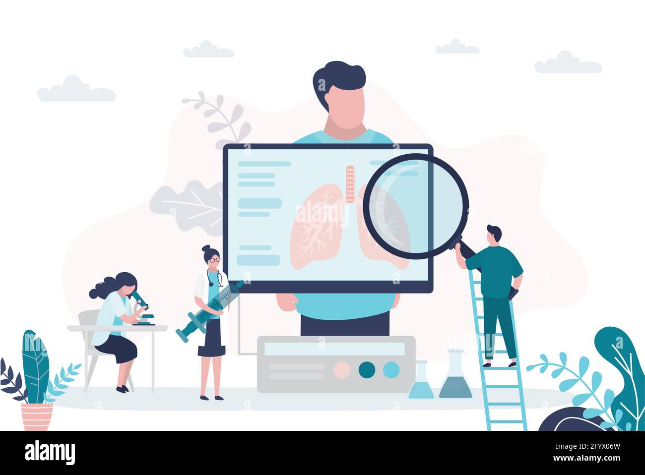 Pazienti di sesso maschile, pulmonologisti controllare le condizioni, trattare i polmoni. Medici con lente di ingrandimento e siringa. Tecnologia di analisi dell'organo respiratorio. Pulmon Illustrazione Vettoriale