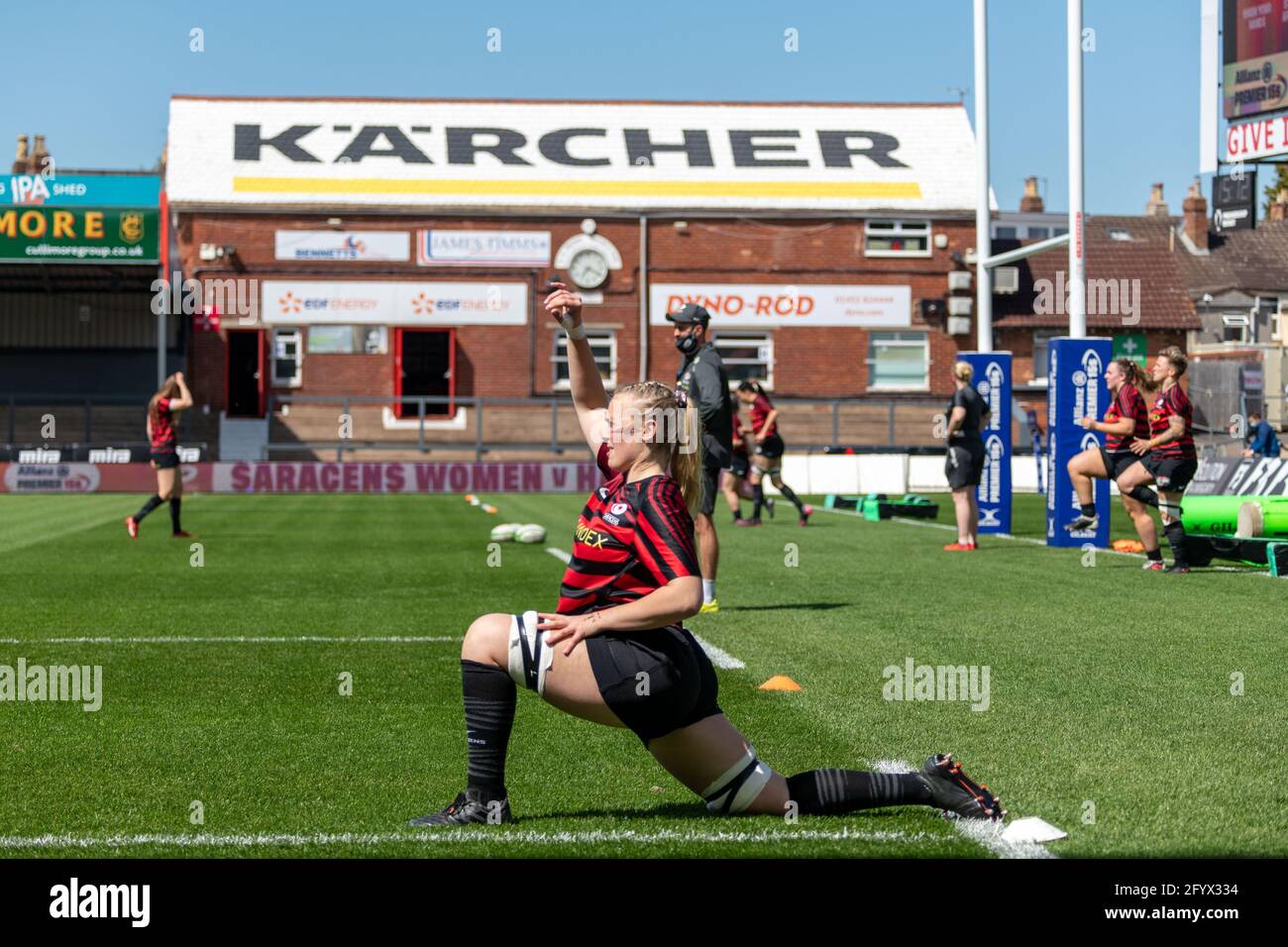 Gloucester, Regno Unito. 30 maggio 2021. Rosie Galligan (19 Saracens Women) prima della finale di Allianz Premier 15s tra Saracens Women e Harlequins Women al Kingsholm Stadium di Gloucester, Inghilterra. Credit: SPP Sport Press Photo. /Alamy Live News Foto Stock