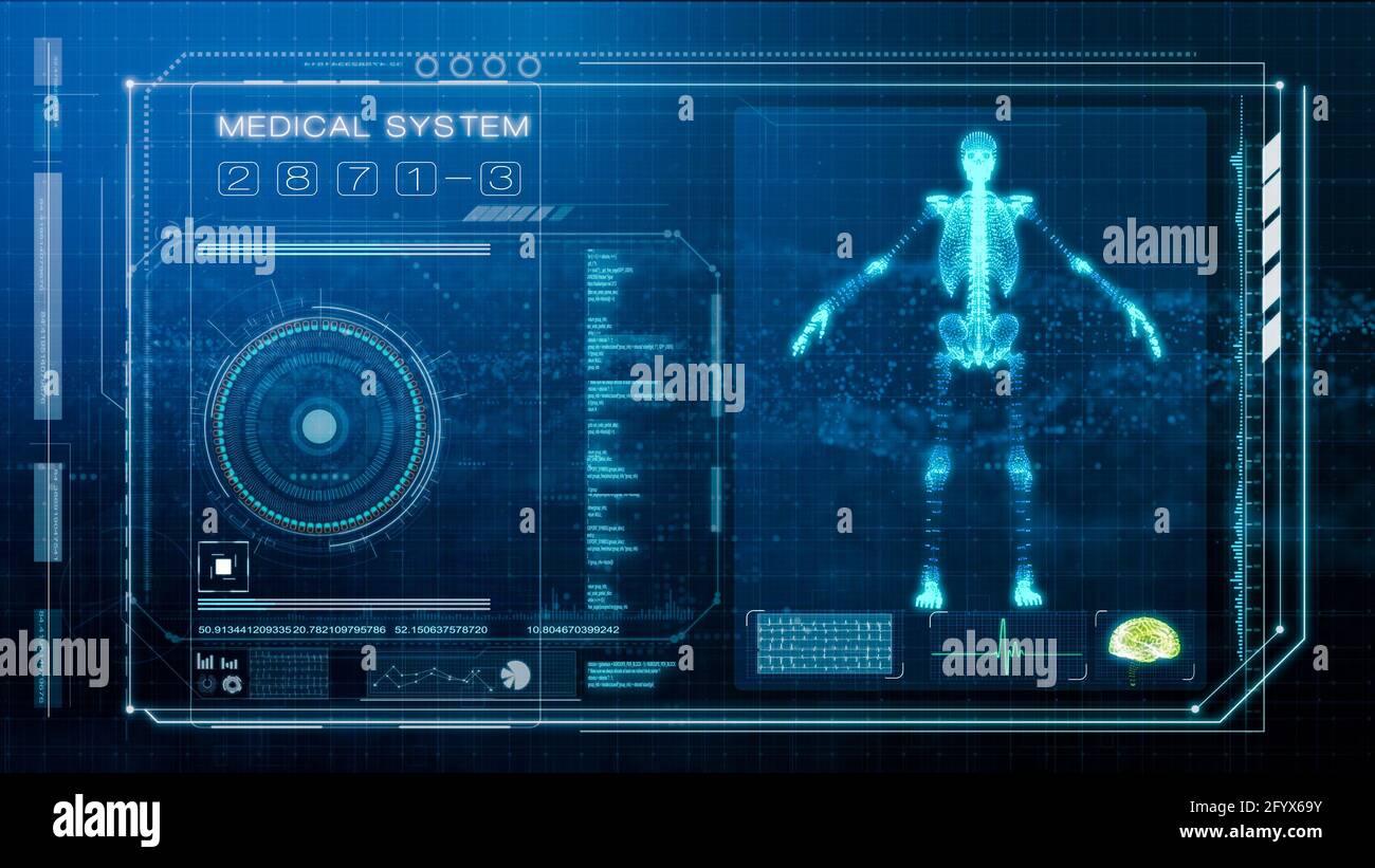 Schermo futuristico della scansione del corpo umano e dell'esame medico, schermata di illustrazione della diagnosi medica intelligente, rappresentazione dell'illustrazione 3d Foto Stock