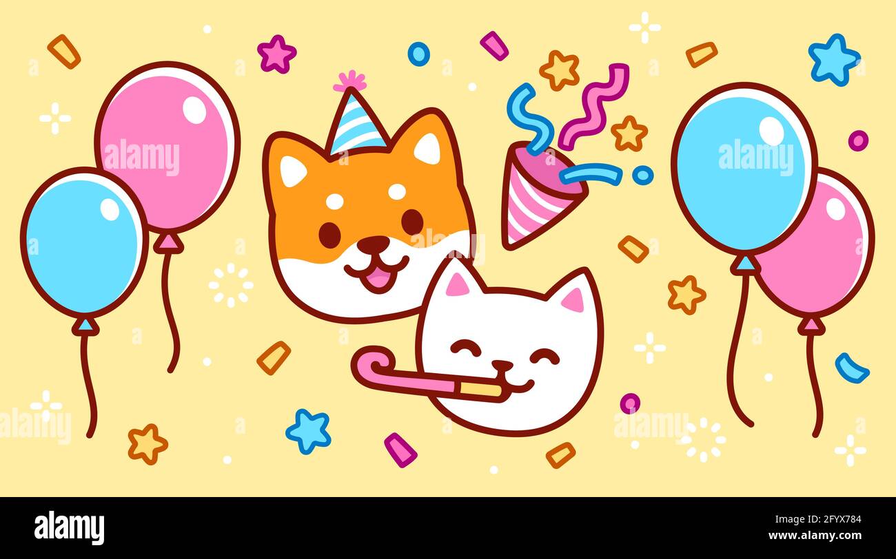 Carino personaggio di gatto e cane fumetto con cappello da festa, confetti e palloncini. Festa di Capodanno, banner festa di compleanno. Illustrazione vettoriale di Kawaii. Illustrazione Vettoriale