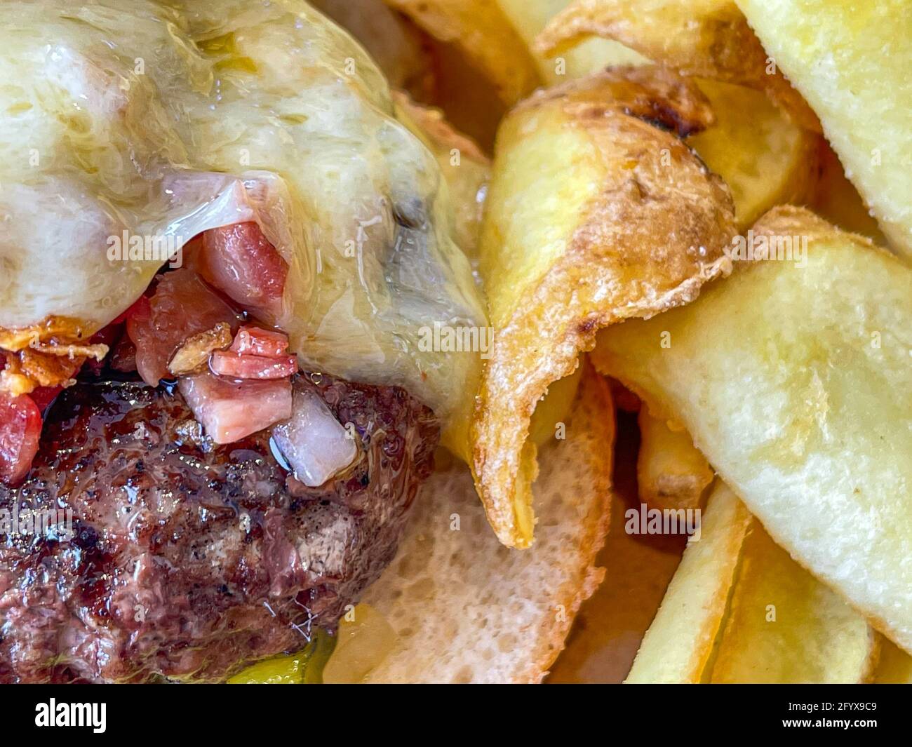 Primo piano di succulenti hamburger appena grigliati con patatine fritte Foto Stock