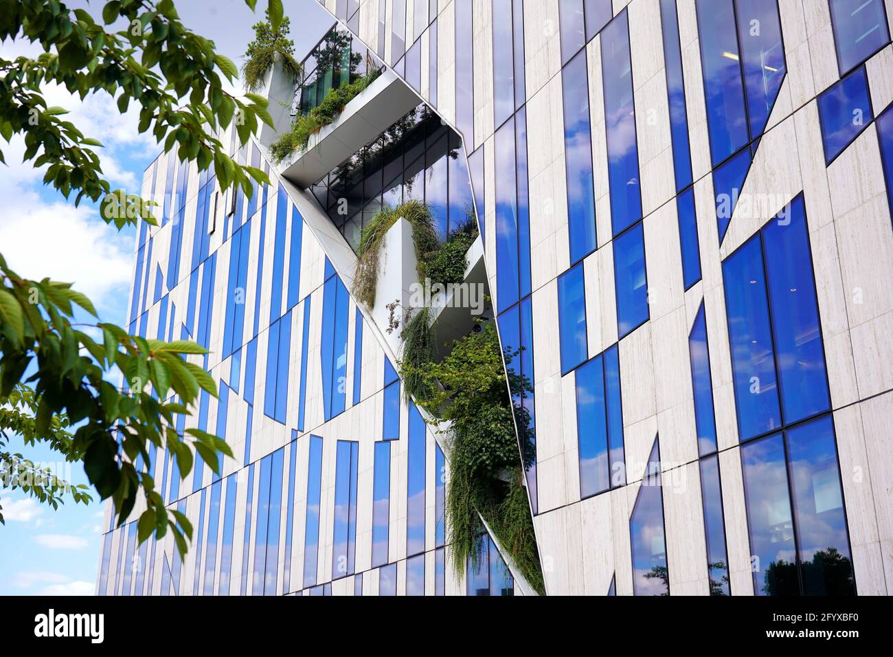 Particolare di un moderno edificio Kö-Bogen, progettato dall'architetto newyorkese Daniel Libeskind, con „intagli" nella facciata per piante verdi e erbe. Foto Stock