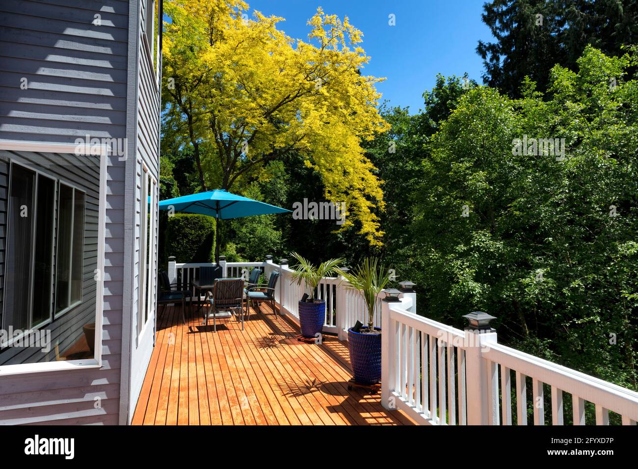 Home esterno legno ponte di cedro con alberi in piena stagione fiore e cielo blu chiaro più mobili e piante Foto Stock