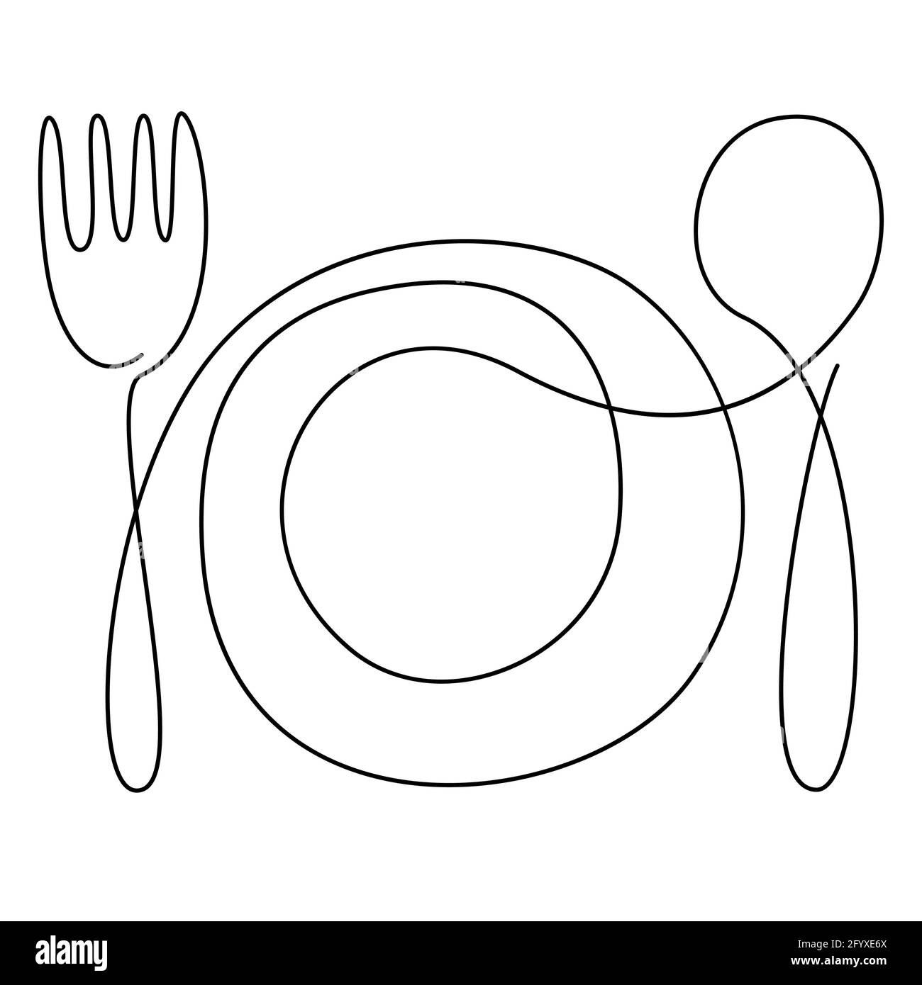 Linea continua arte, doodle. Utensili da cucina, stoviglie. Disegno a una linea. Cucchiaio forca piastra. Linea continua Illustrazione Vettoriale