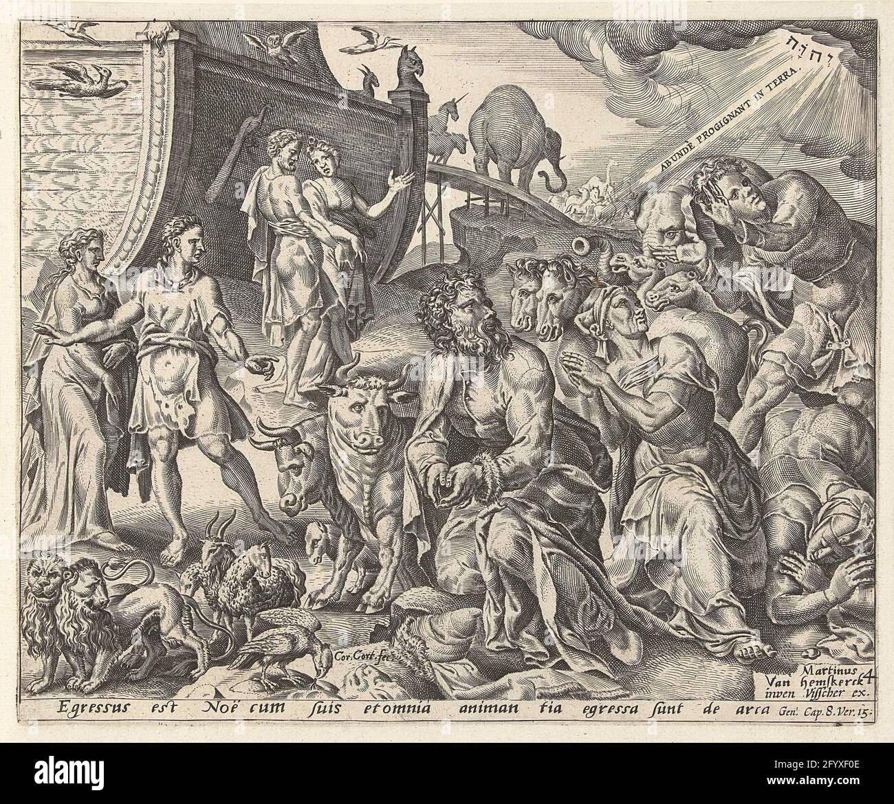 Noè ringraziò Dio per il salvataggio dell'Arca; Storia di Noè (Gen. 6: 13-14). Noè e la sua famiglia si inginocchiano a terra, guardando il simbolo di Dio (un cerchio luminoso con le lettere ebraiche per Yahweh) sopra di loro in una nuvola. Sulla parte posteriore sinistra dell'arca, da cui gli animali vanno a terra su un passerella. Foto Stock