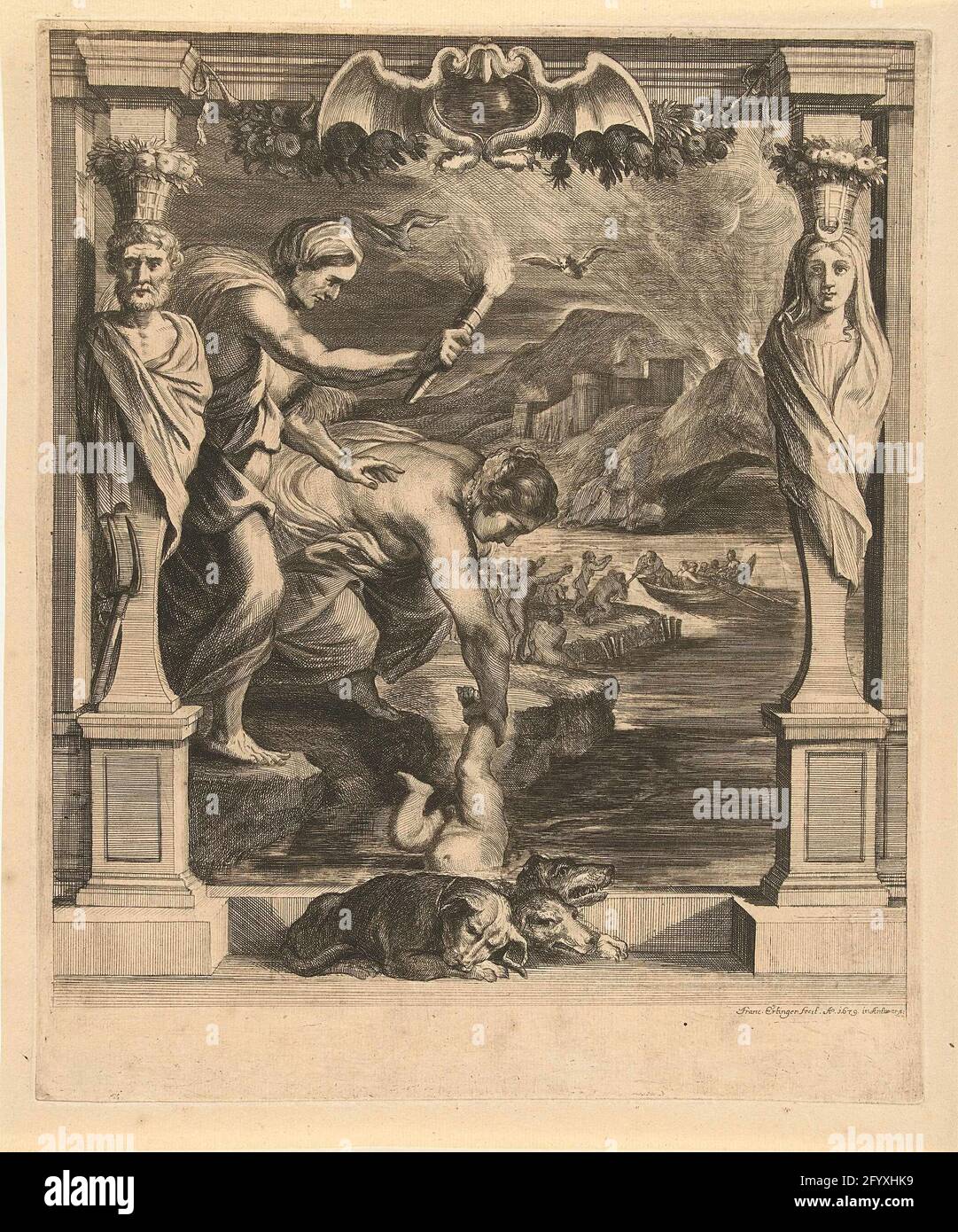 Thetis immerge Achille nella Stix; Storia di Achille. Thetis, vissuto da una donna con una torcia, immerge suo figlio Achille nel fiume Stix. Sullo sfondo le anime dei morti attendono l'attraversamento della barca a remi di Charon. In primo piano una Caryatide e Atalant e il cane da guardia a tre giocatori Cerberus. Foto Stock