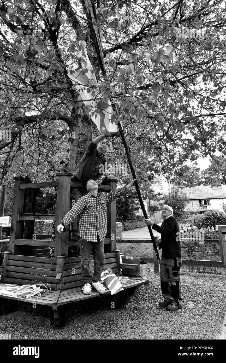 Residenti del villaggio di Aston on on Clun Shropshire meridionale che prepara il famoso albero dei Pioppi neri per il giorno di Arbor. FOTO DI DAVE BAGNALL Foto Stock