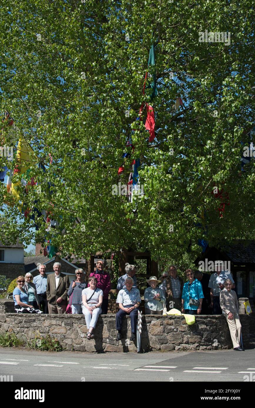 Aston on on Clun, Shropshire, Regno Unito. I residenti del villaggio di Aston, nello Shropshire meridionale, su Clun, si siedono sotto il famoso albero dei Pioppi neri il giorno di Arbor. 20 Foto Stock