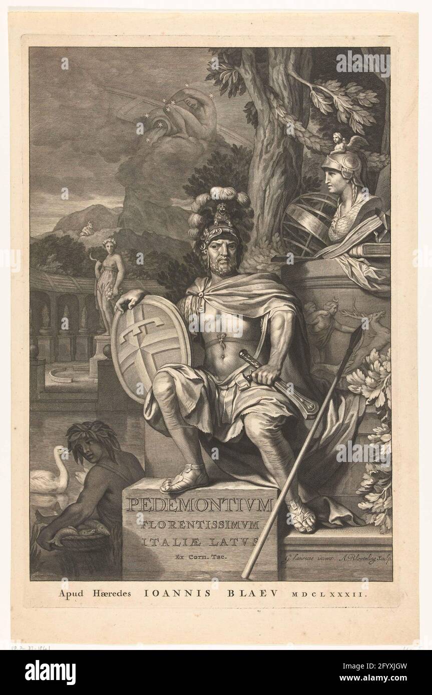 Mars; Title page for: Johannes Blaeu, Theatrvm StatvM Regiæ Celsitvdinis Sabavdiæ DVCIS, Pedemontii Principis, 1682. Il Dio Marte con scudo, casco e spada, siede su una base in un giardino. Oltre a lui ci sono tutti i tipi di simboli dell'arte e della scienza. Lungo l'acqua c'è un dio fluviale con un cesto di pesci. Dall'altro lato dell'acqua è un'immagine della dea del demeter raccolto. Un toro può essere visto in montagna sullo sfondo. Al cielo, la costellazione dell'Acquario. Foto Stock