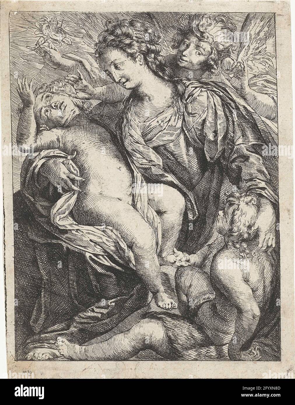 Maria con Cristo e Giovanni. Maria è seduta e indossa il Cristo bambino tra le braccia. Giovanni Battista siede accanto a lei. Sia Cristo che Giovanni hanno fra i tre e i cinque anni. Un angelo in piedi dietro Maria dà al bambino di Cristo un fiore. D'altra parte, l'angelo ha una mela. Foto Stock