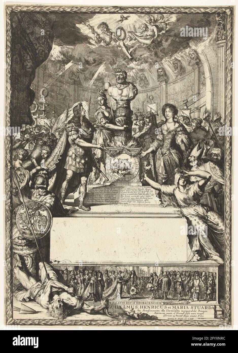 Allegoria sul matrimonio di Willem III e Maria Stuart, 1677. Allegoria sul matrimonio di Willem III e Mary Stuart, 14 novembre 1677. Guglielmo III come campo romano Signore presenta la mano di Maria per un altare ardente con una colonna con un busto di Ercole, qui anche la vergine olandese con il cappello di libertà e sette frecce. Sul lato destro alcuni oppositori del matrimonio, tra cui un vescovo e la personificazione di calunnia o pettegolezzi, con caratteristiche francesi. Sotto uno spazio aperto, probabilmente destinato per l'Almanac del 1678. In fondo a uno spettacolo della cerimonia nuziale a Whitehall. Foto Stock