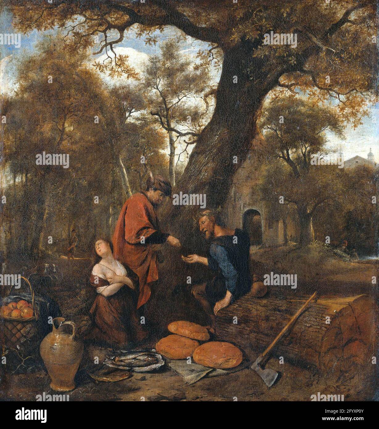 Erysichthon Vendere sua figlia. Erysichthon, seduto su un tronco d'albero, vende sua figlia Medra (Ovidio 'Metamorfosen VIII, 738-878). A terra ci sono grandi pani, un cestino con pesce, una grande caraffa e un cestino con frutta. Un'ascia è appoggiata contro il tronco dell'albero. Foto Stock