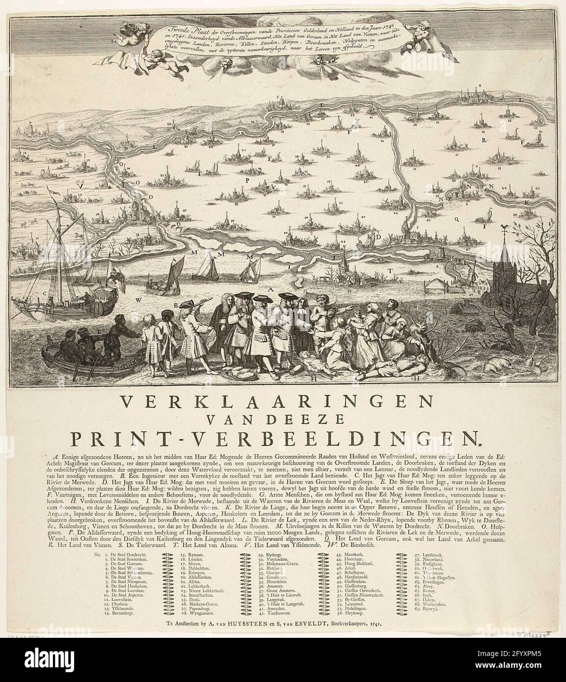 Secondo foglio delle inondazioni dopo le violazioni della dike a De Grote Rivieren, 1740-1741; secondo record delle inondazioni dalle province di Gelderland e Olanda nel 1740 e 1741. Secondo foglio dell'alluvione nelle province di Gelderland e dell'Olanda meridionale dopo aver spezzato le dighe dei fiumi principali tra Arnhem e Culemborg, dicembre 1740 - gennaio 1741. Presentazione della zona tra i fiumi con tutti i villaggi e le città, in primo piano famiglie che rimpiangono le vittime e visitano i membri dei consigli di amministrazione dell'Olanda e della Frisia Occidentale e ingegneri che sono arrivati per yacht. Nelle nuvole di Foto Stock