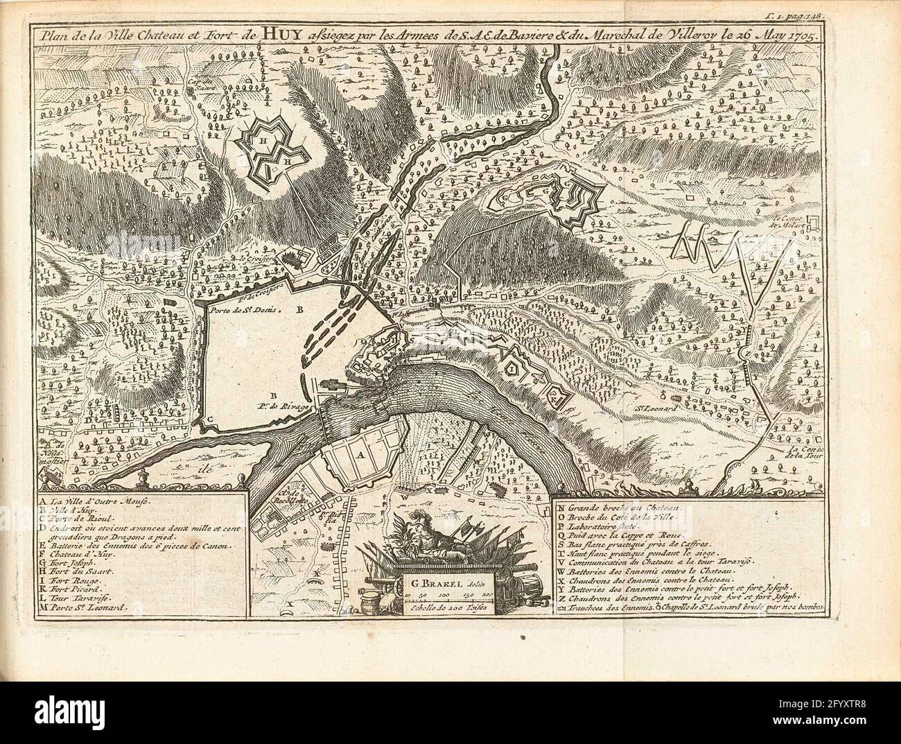 Assedio da Huy, 1705; Plan De la Ville Chateau et Fort De Huy Assiegez PAR LES ARMES DE S.A.E. De Baviere & du Marechal de Villeroy le 26 maggio 1705. Carta con l'assedio di Huy, conquistata sui francesi da De Alliese il 26 maggio 1705. Illustrazione nella traduzione olandese del 1716 di J. Lamigue, la vita di Zyne Hoogheit Johan Willem Friso, dl. I, pag. 148/149. Foto Stock