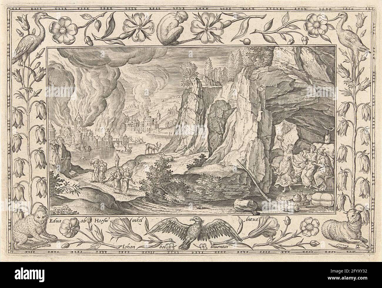 Lot e le sue figlie; Paesaggi con scene bibliche, mitologiche e scene di yacht. Paesaggio rotante con le città ardenti di Sodoma e Gomorra sullo sfondo. In primo piano la fuga del destino e della sua famiglia. Sua moglie è cambiata in una colonna di sale. A destra in primo piano sorsero con le sue figlie, che lo bevvero. La stampa ha una lista ornamentale con fiori e animali. Fa parte di una ventiquattro serie di paesaggi con scene bibliche, mitologiche e yacht. Foto Stock