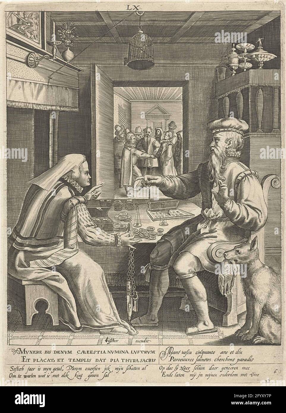 Sesta fase di vita di sessant'anni con l'uomo che conta i suoi soldi con sua moglie; LX; dieci fasi di vita. Sesta fase di vita di sessant'anni rappresentato come un uomo che conta i suoi soldi in compagnia di sua moglie. In margine tra i testi in latino, francese e olandese. Solo il testo olandese si riferisce all'esecuzione. Foto Stock