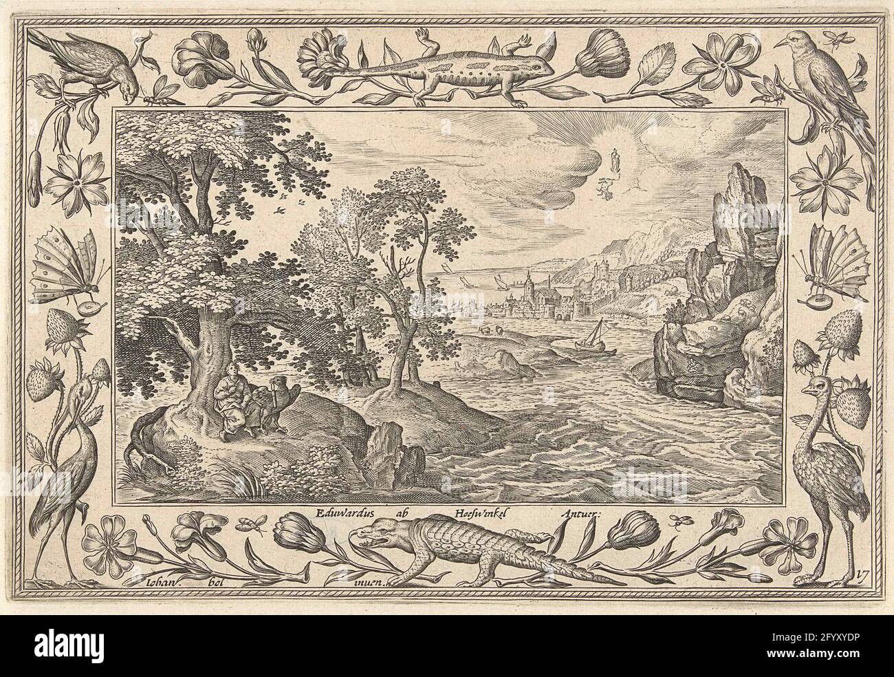 Apostolo Giovanni su Patmos; Paesaggi con scene bibliche, mitologiche e yacht. Mare con l'isola di Patmos in primo piano. Sull'isola l'apostolo e l'evangelista Johannes, insieme all'aquila, sono simboli evangelici. Guarda l'aria. La Maria incoronata appare nelle nubi con il Cristo bambino e la bestia a sette membri dell'apocalisse. La stampa ha un elenco ornamentale di fiori e animali. Fa parte di una ventiquattro serie di paesaggi con scene bibliche, mitologiche e yacht. Foto Stock