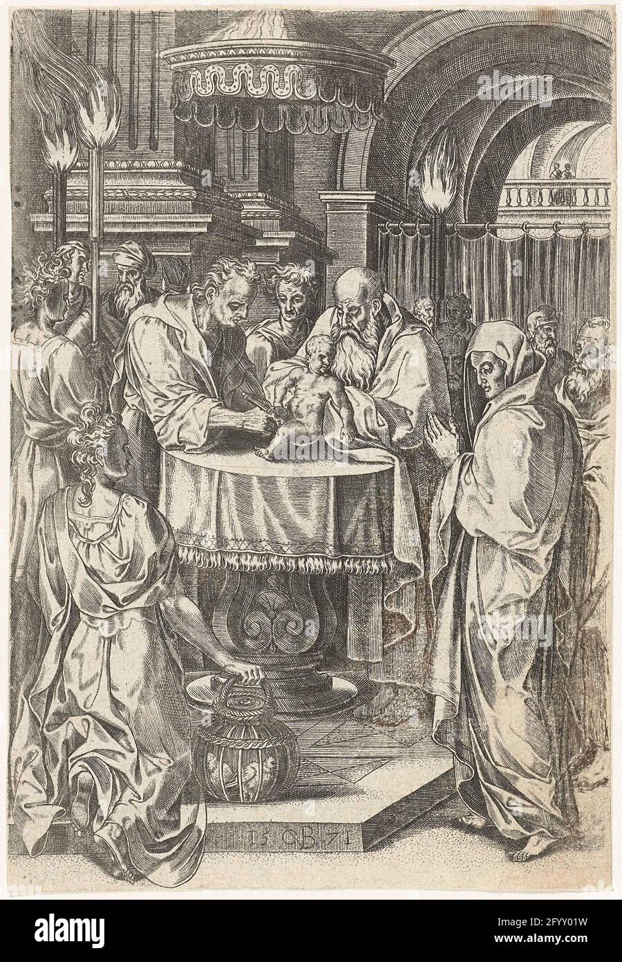 Circoncisione di Cristo. La circoncisione di Cristo nel giorno del suo nome. Nel tempio, un sacerdote tiene il bambino di Cristo, mentre un adolescente del tempio conosce il bambino. Maria e Giuseppe sono sulla destra della stampa. Maria tiene le mani in preghiera. La stampa proviene da un libro. Foto Stock