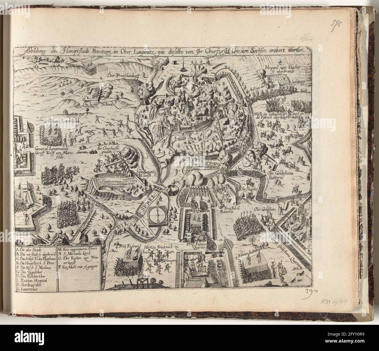 Assedio e conquista di bautzen, 1620; Abbildung der Hauptstadt Bautzen, a Ober Laussnitz, che Dieselbe von Ihr Churfurstl. GN. Von Sachsen sono erobert; Serie 11: Eventi stranieri di Varia, 1571-1631. Assedio e conquista da Bautzen da parte del Keurvorst di Sassonia, dal 30 agosto al 25 settembre 1620. Senza didascalia, con la leggenda A-P in tedesco. In basso a destra con la penna numerata: 398. La stampa fa parte di un album. Foto Stock