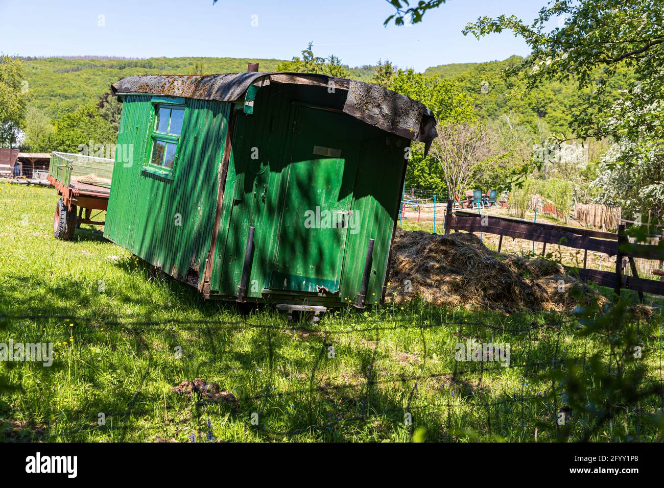 Pastore caravan in un pascolo vicino a Heimbach, Germania Foto Stock
