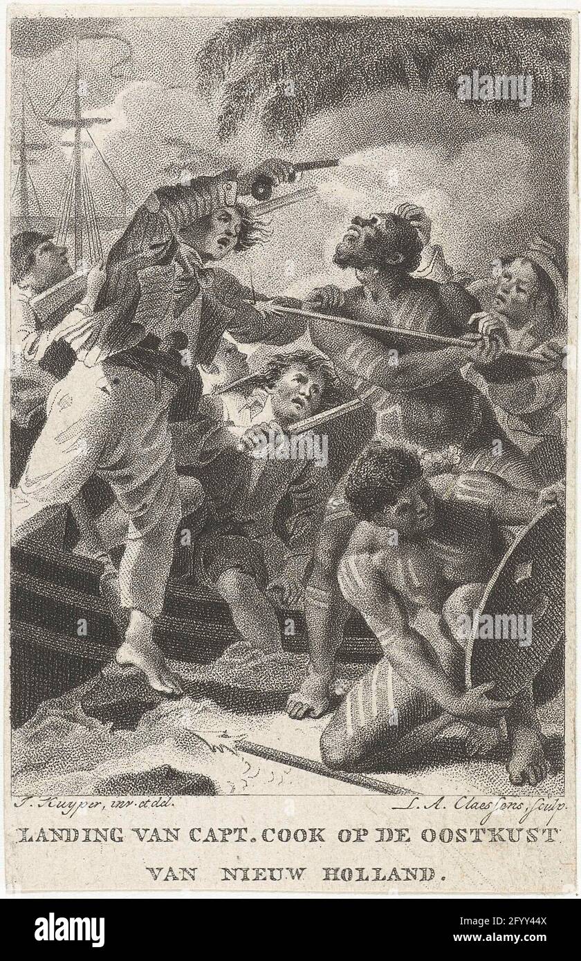 Captain Cook atterra a New Holland (Australia). Il capitano Cook e il suo equipaggio mettono piede a Nieuw Holland (l'attuale Australia). La popolazione locale cerca di rivolgersi contro gli intrusi con le lance. Foto Stock