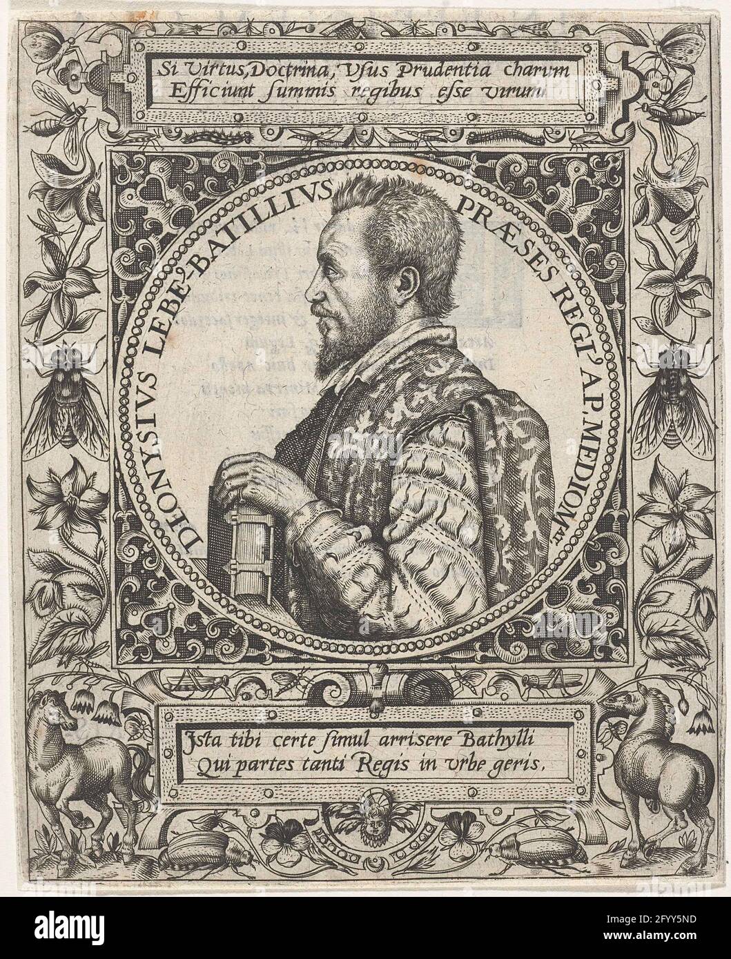 Ritratto di Denis Lebey de Batilly; Denis Lebey de Batilly, emblemata, 1596. Ritratto dell'autore in tavola decorativa con cavalli, coleotteri, volanti e fiori. Con parte superiore in latino e didascalia. Pagina da un libro con testo sul verso. Foto Stock