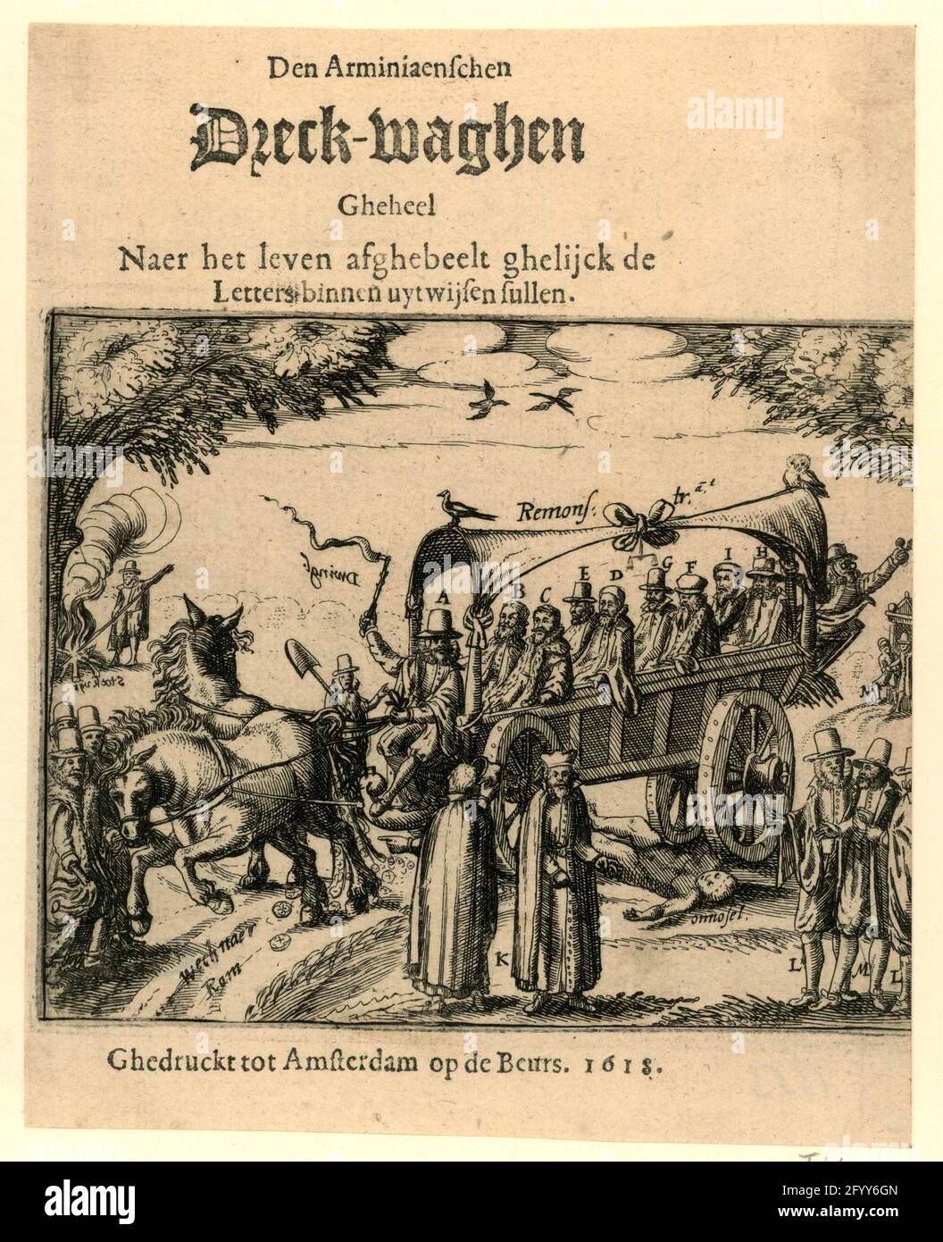 Titolo stampato del depliant: The Arminiaenschen DRACY-WAGHEN GHEHEAN NAE Life afgheel Ghelijck le lettere all'interno di Uytwijsen sullen, 1618; The Arminiaenschen DRECK-WAGHEN completamente ristretta vita afgheen Ghelijck le lettere all'interno di Uytwijsen sullen. Titolo stampato del Pamphlet 'Den Arminiaenschen dreck-Waghen Gheheheel Nerer Life afgeen Ghelijck le lettere all'interno di Uytwijsen sullen', dal 1618. La mostra si è basata sulla grande stampa anonima di 'd'Arminiaensche DRECKWAREN' (FM 1352). Nuova è l'aggiunta della sillidità che viene schiacciata sotto le ruote della vettura. La strada su cui la vettura guida è Foto Stock