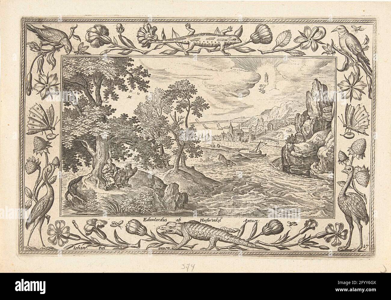 Apostolo Giovanni su Patmos; Paesaggi con scene bibliche, mitologiche e yacht. Mare con l'isola di Patmos in primo piano. Sull'isola l'apostolo e l'evangelista Johannes, insieme all'aquila, sono simboli evangelici. Guarda l'aria. La Maria incoronata appare nelle nubi con il Cristo bambino e la bestia a sette membri dell'apocalisse. La stampa ha un elenco ornamentale di fiori e animali. Fa parte di una ventiquattro serie di paesaggi con scene bibliche, mitologiche e yacht. Foto Stock