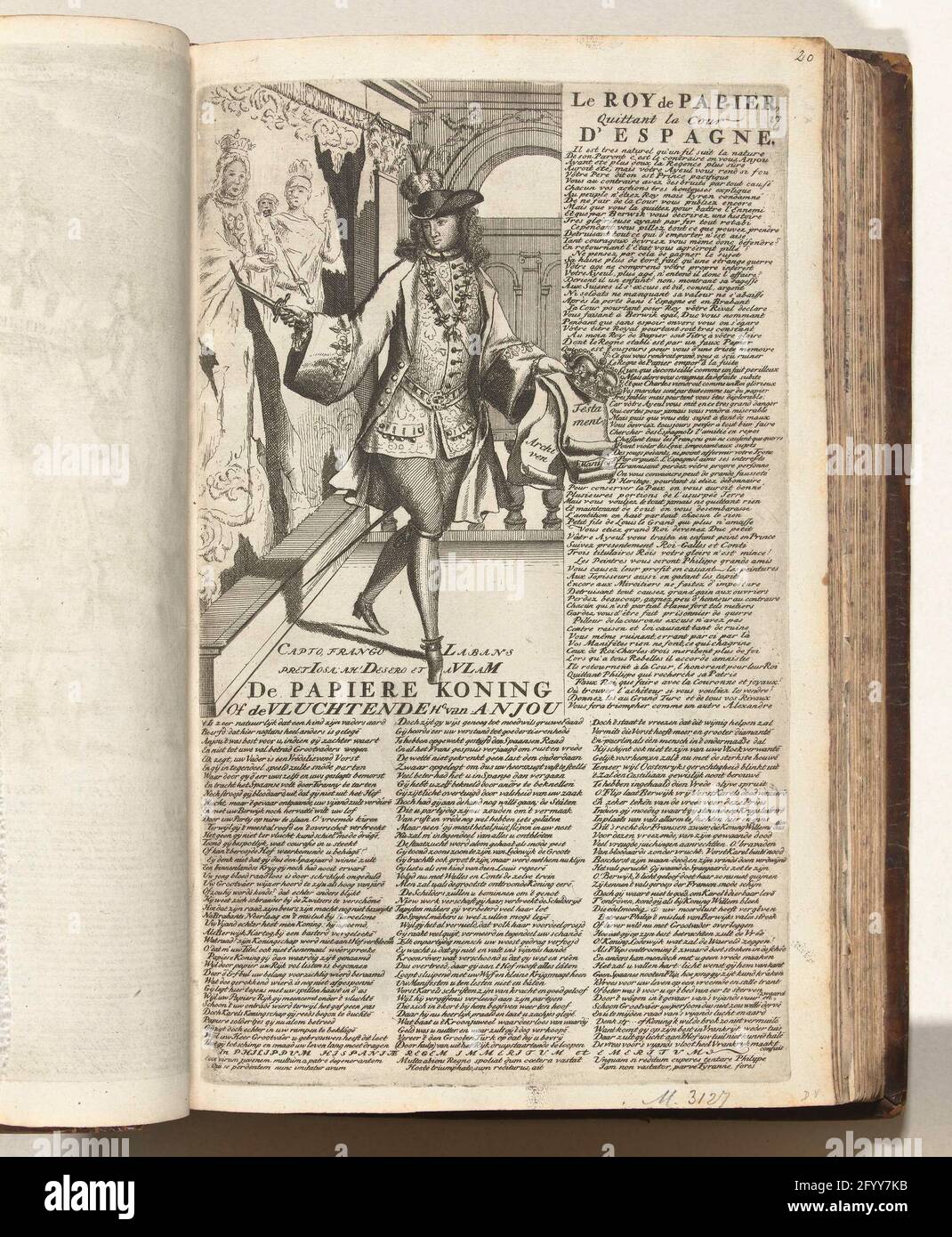 Philip v voli dalla corte spagnola, 1706; il re della carta o il HG in fuga. Van Anjou / le Roy De Papier, Quittant la Cour d'Espagne; 17. NYD del re della carta di Spagna; Bycup al Koninglyke Almanach, chiamato il Gulde-anno degli Alleati, 1706 / 't Lusthof da Momus. Filippo V, Duca d'Angiò, Re di Spagna solo su carta, volo dal Palazzo reale spagnolo con l'incoronazione della corona, 1706. Distrugge un arazzo con il pugnale. Nei versetti di targa in olandese e francese. Foglia n° 17 (numerata in alto a destra) nella serie di 25 lame dal titolo: Bycess al Koninglyke Almanach, chiamato t Foto Stock