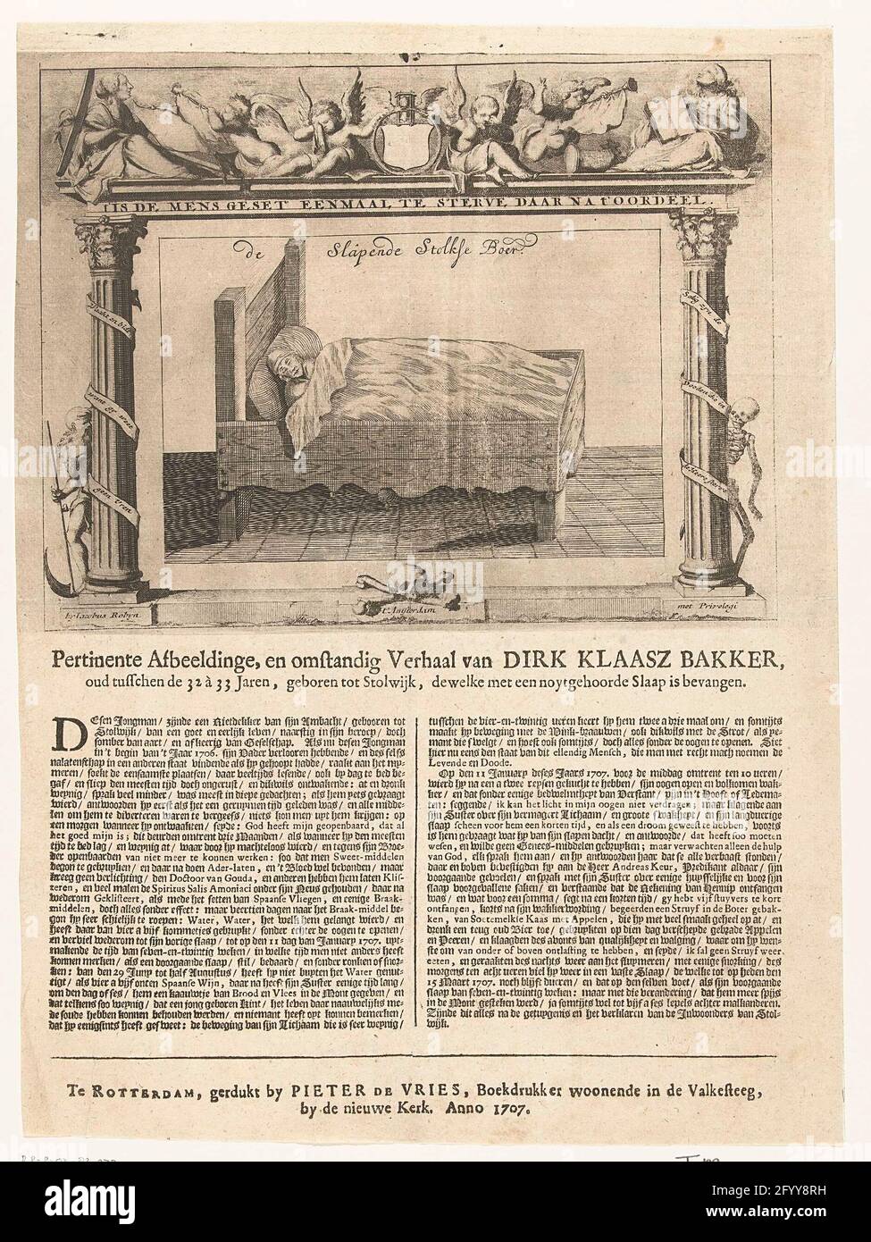 Il contadino che dormiva da Stolwijk, 1707; il contadino che dorme a stolk; quadro pertinente, e storia di circostanze di Dirk Klaasz Bakker, di età compresa tra 32 e 33 anni, nato a Stolwijk, il quale è catturato da sonno noy-hearted. Il contadino addormentato di Stolwijk, o il cosiddetto Boer addormentato. Dirk Klaasz de Bakker dormiva dal 29 giugno 1706 al 11 gennaio 1707 (27 settimane) e dopo essersi svegliato fino al 15 marzo 1707. De Boer dormiva nel suo letto, in una cornice con colonne dietro le quali si nascondono il tempo e la morte del padre . Al vertice di un fregio con putti e personificazioni di speranza e di fede. Su t Foto Stock