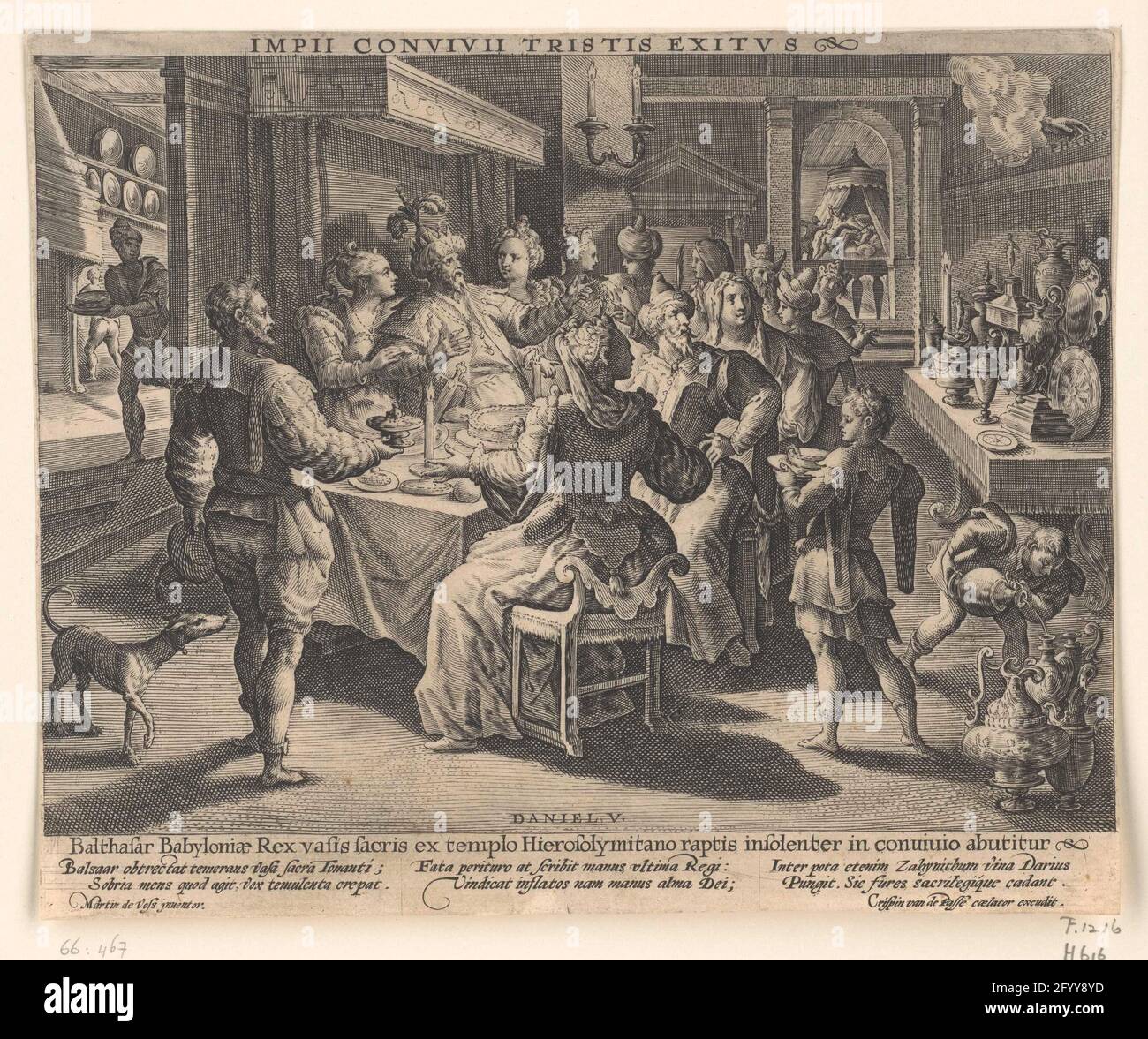 Pasto parziale da Belsassar; Impii convivii tristis exitvs. La festa di Belsassar, il re dei caldei, come allegoria sul pasto peccaminoso. Il re e la sua compagnia bevono su dei pagani da coppe rubate dal Tempio di Salomone. Poi una mano dell'uomo disegna che scrive sul muro e il re gira la paura. Sullo sfondo l'assassinio di Belsassar. Nel margine una regola e una didascalia di sei righe, in tre colonne, in latino che spiega la proposta. Foto Stock