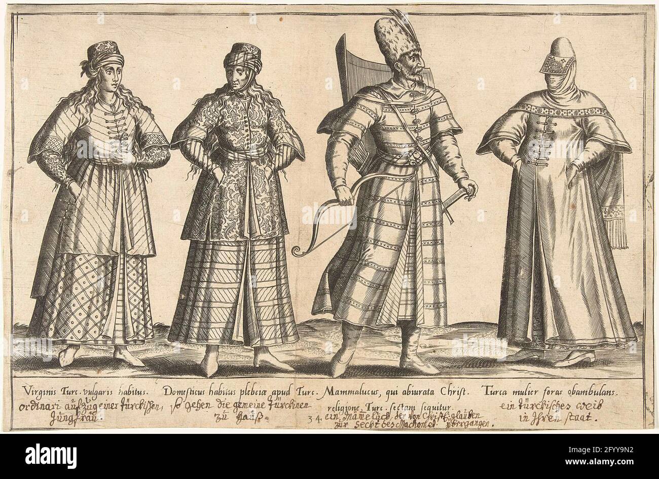 Abbigliamento Ottomano intorno al 1580; abbigliamento tradizionale da tutto  il mondo intorno al 1580. Stampa di un libro sull'abbigliamento  cinquecentesco intorno al 1580. Tre donne e un uomo di origine ottomana.  Tutti