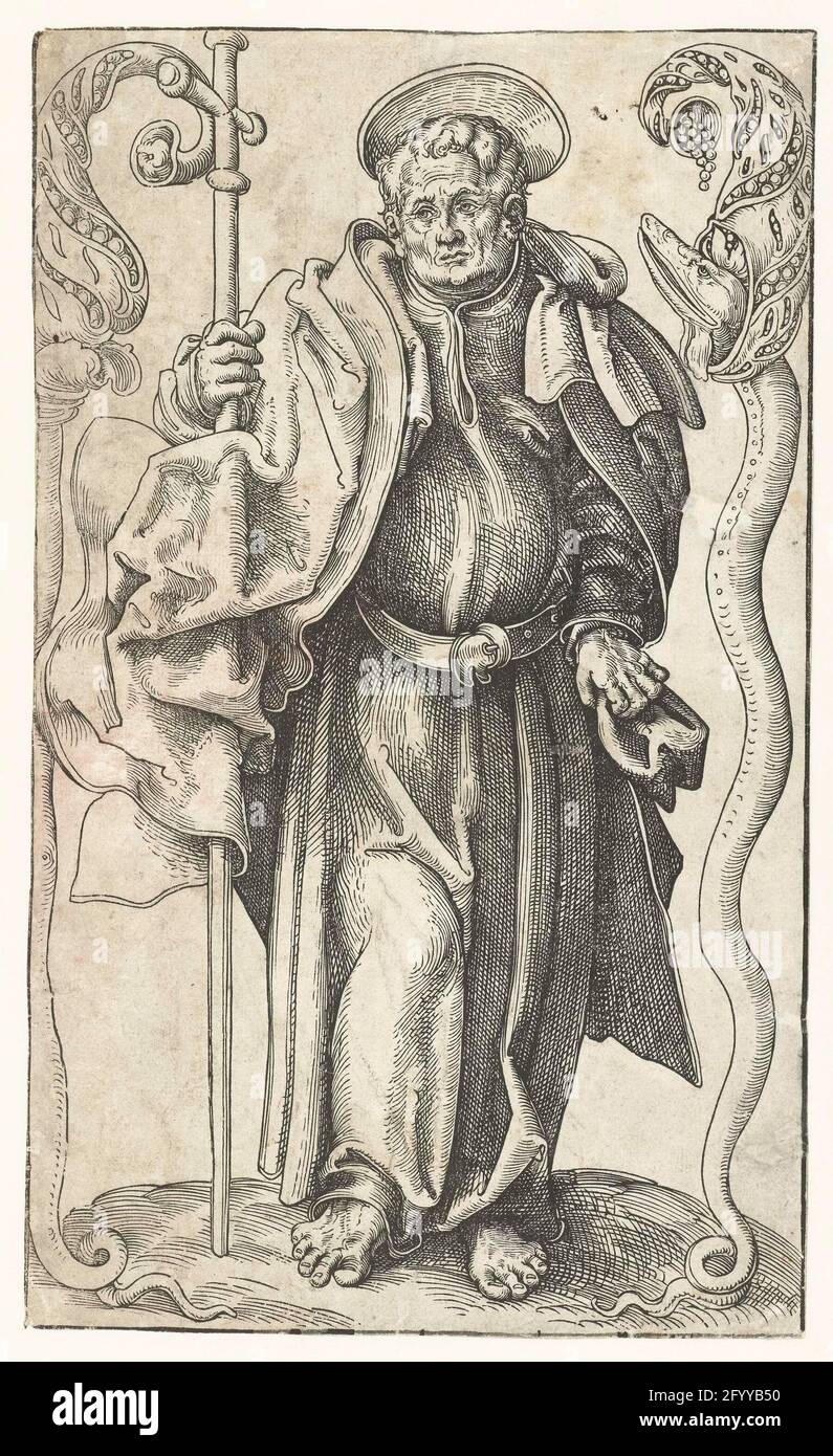 Filippo con croce e tubo; Cristo, apostoli e Paolo. Il Santo Filippo si trova con una croce di dio tra ornamenti che in parte si riferiscono alla sua tortura. Sulla destra, il serpente è stato raffigurato da Filippo con la sua croce guidata da un tempio. L'ornamento a sinistra ha il corpo di un serpente, ma la testa non è visibile. I serpenti sono coronati da una cornucopia Foto Stock