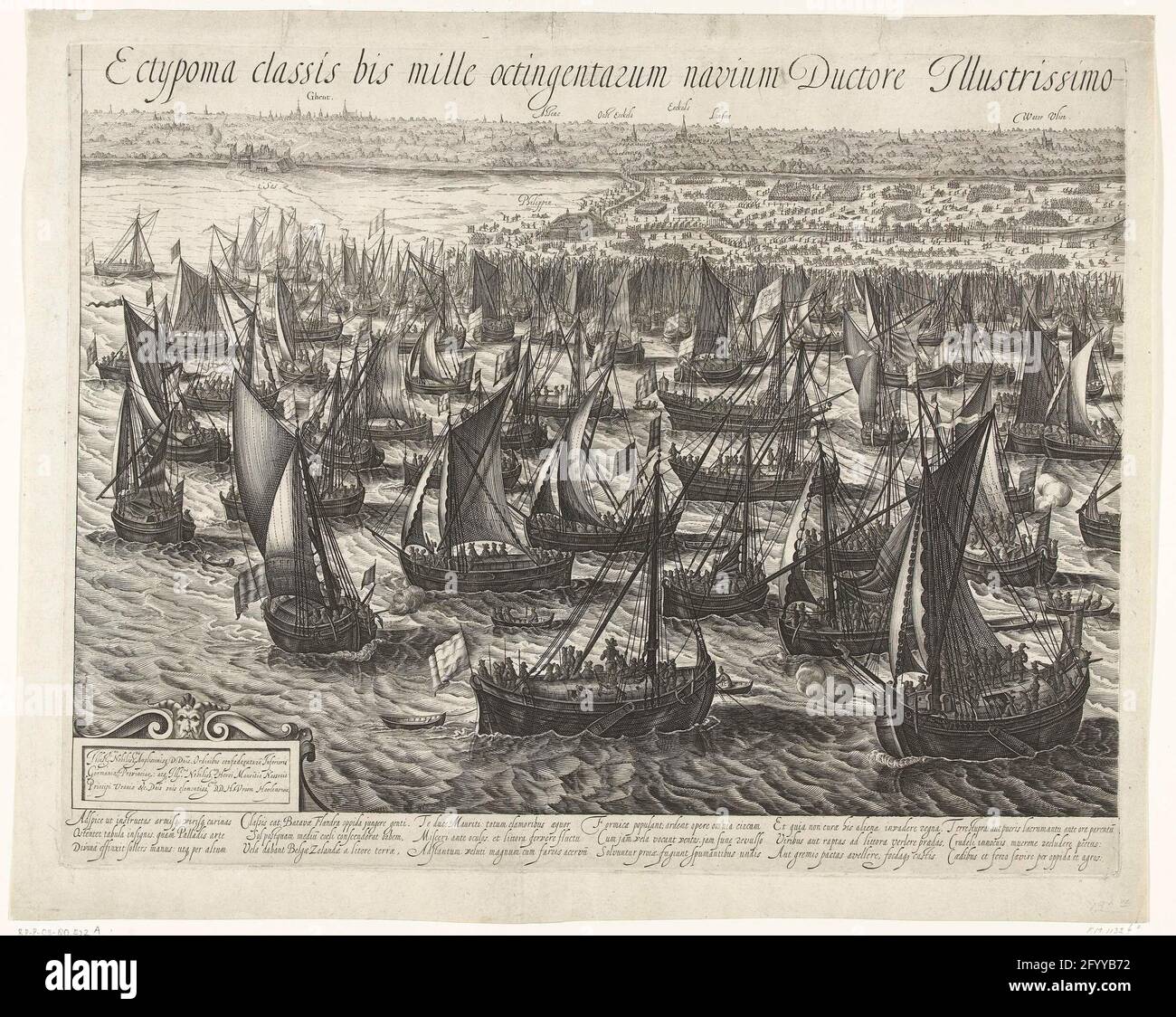 La flotta che atterra a Philippine (Left Sheet), 1600; Ectyoma Classis BIS Mille OctingenTarum Navium Dorpe Illustrissimo principio Mauritio Nassovio in Flandriam Appulsae. XXII. JUNY. M.vi.c .. La flotta che atterra a Filippine. La flotta statale di Maurits per le Filippine dove gli uomini sono presi a bordo, 22 giugno 1600. Tour di Ostenda dell'Esercito di Stato, 19-27 giugno 1600. In basso a sinistra una cartouche con l'assegnazione al principe Maurits. Con didascalia di 6 versi di 3 righe in latino ciascuno. Leer metà di uno spettacolo su 2 fogli. Foto Stock