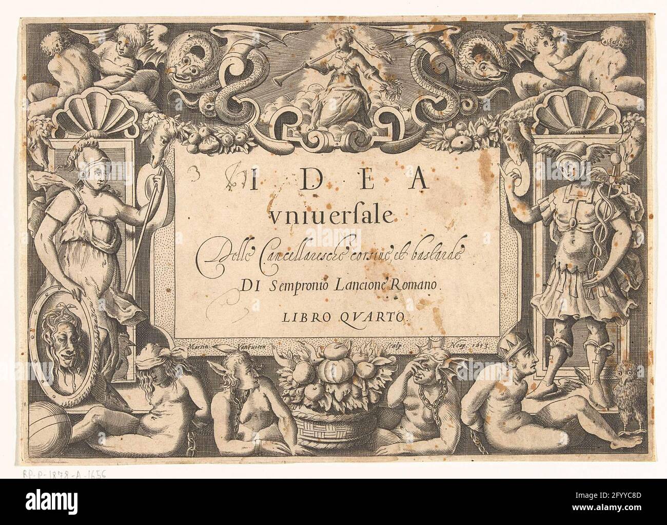 Pagina del titolo di 'idea originale della Cancellaaresche Corsive et Bastarde'. Titolo in una cartouche. Diverse figure mitologiche intorno alla cartouche. A sinistra del centro di Minerva. A destra del Mercurio nascosto. Cifre della cinghia intrappolata. Putti superiori e serpenti volanti. In un cartouche sopra il titolo, FAMA suona una tromba e tiene una corona di alloro. Foto Stock