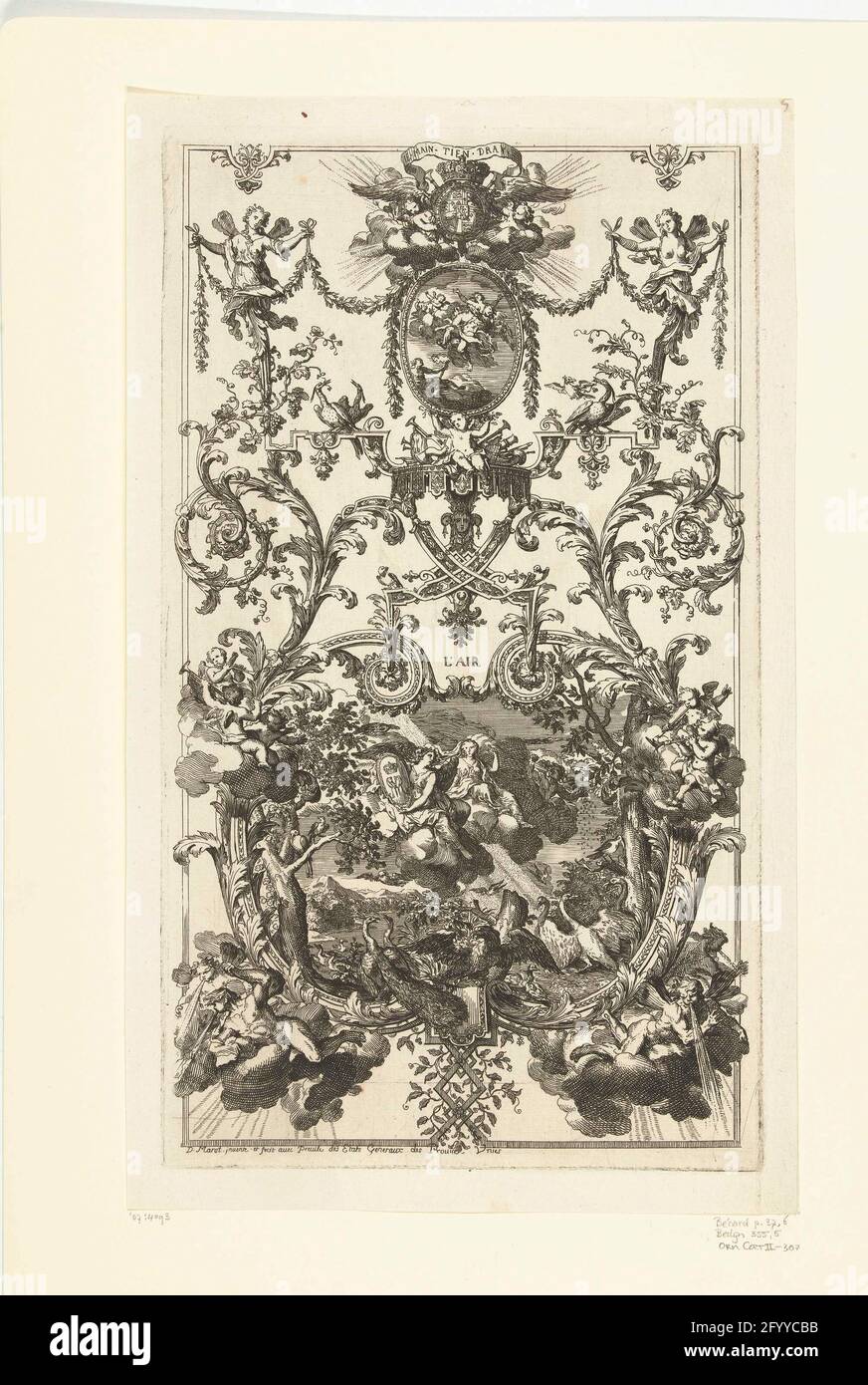 Pannello con elemento ad aria; l'air; pannelli con arabescatore e grottesken moderno. In alto è raffigurato lo stemma d'Inghilterra in fondo a una cartouche con un angelo che tiene uno stemma monogrammato e gli animali. Al centro sotto Banderol con il testo IE. Main.tien.Draw. Dalla serie di 6 lame, di cui 4 con i quattro elementi e due lame su cui sono sempre presenti due pannelli verticali. Foto Stock