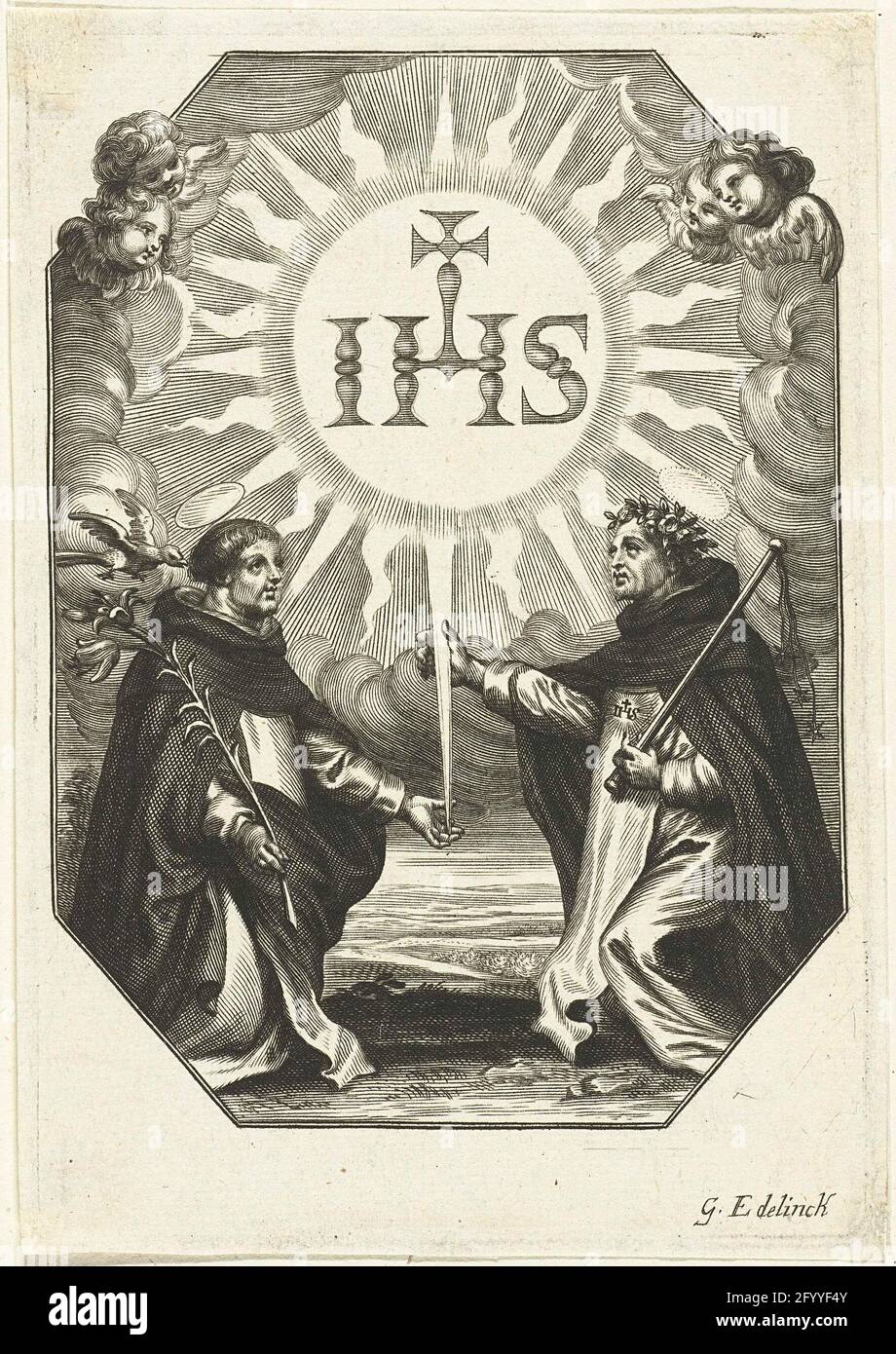 Sant'Antonio di Padova e il beato Enrico Suso. Il sacro Antonio di Padova e il beato Henricus Suso hanno entrambi un raggio di sole in cui sorge il monogramma di Cristo. Foto Stock