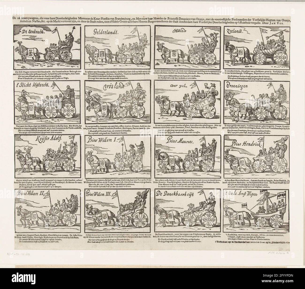 Le sedici vetture statali utilizzate per la visita ad Amsterdam del Louise Henriëtte, di Keurvorstin van Brandenburg e di Amalia van Solms, 1659; i 16 ciclisti statali, che per le sue leghe la sig.ra De Keur-Vorstin Van Brandenburg, E la principessa di sua madre Dogana d'Orange, con i personaggi più importanti dei reali Huyzen di Orange, Anhalt e Nassau, & C. sul Marckt è stato esposto, e dalla città, quando d'Noble grandi-lastricati signori Burger Masters di Stadt Amsterdam le sue Gelvenzioni reali al Raathuis. Foglia con le sedici auto di stato utilizzati nella visita della Louise Henriëtte, Contessa di N Foto Stock