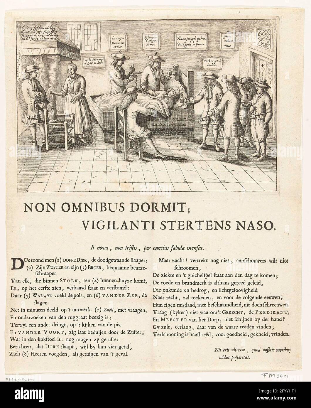 Il contadino che dormiva da Stolwijk, 1707. Il contadino addormentato di Stolwijk, o il cosiddetto Boer addormentato. Dirk Klaasz de Bakker dormì dal 29 giugno 1706 al 11 gennaio 1707 (27 settimane) e cadde dopo il risveglio fino al 15 marzo 1707. De Boer dormiva nel suo letto, nel fratello e sorella della stanza dell'agricoltore, alcuni medici e medici e visitatori. Stampato sulla foglia sotto il piatto un versetto in 2 colonne in cui la gullibilità dei medici e dei visitatori è scherzato. Foto Stock