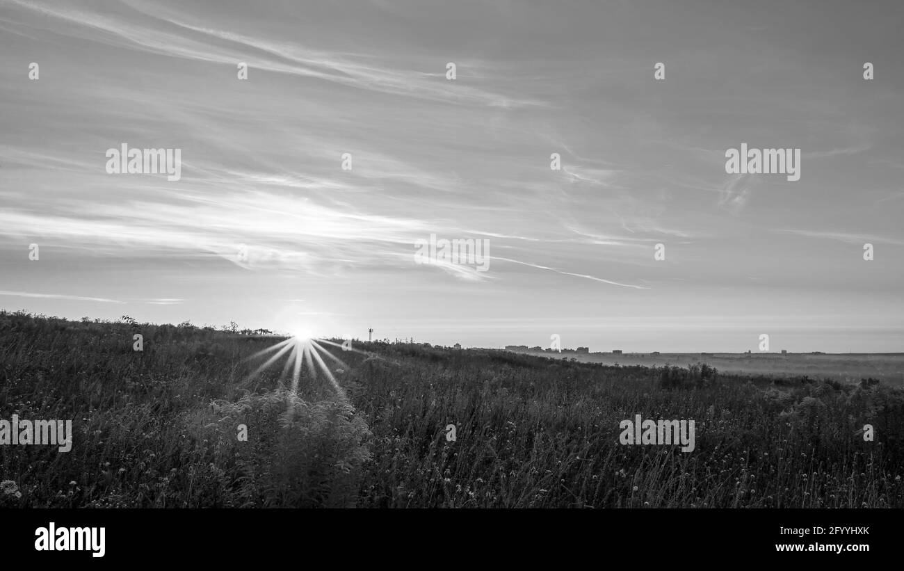 I primi raggi del sole nascente in un campo alla periferia della città Foto Stock