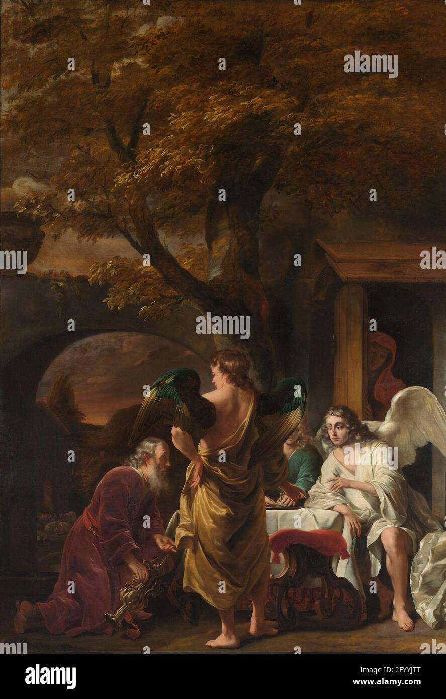 Abramo intrattenere i tre Angeli. Abramo riceve i tre angeli. Sulla destra  una tavola alla quale sono seduti due angeli. Sulla sinistra si inginocchia  Abrahamo con una latta in mano placcata oro.