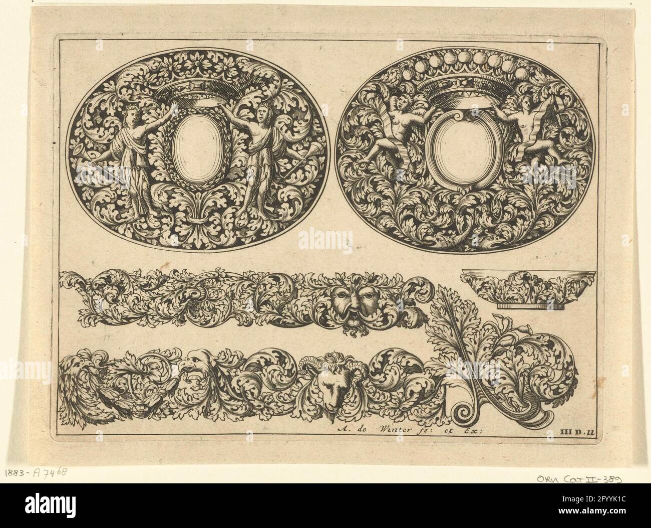 Due coperchi ovali per scatole, due rifrazioni di foglie, una piccola piastra e un motivo angolare di zattera di foglie; vari giri di elogio in Italia e in Francia. Soo con immagini sonder. Foglia III.D.11 della terza serie di 12 lame con ornamenti per oro e argenteria. Copie a C. de Moelder e altri. Foto Stock