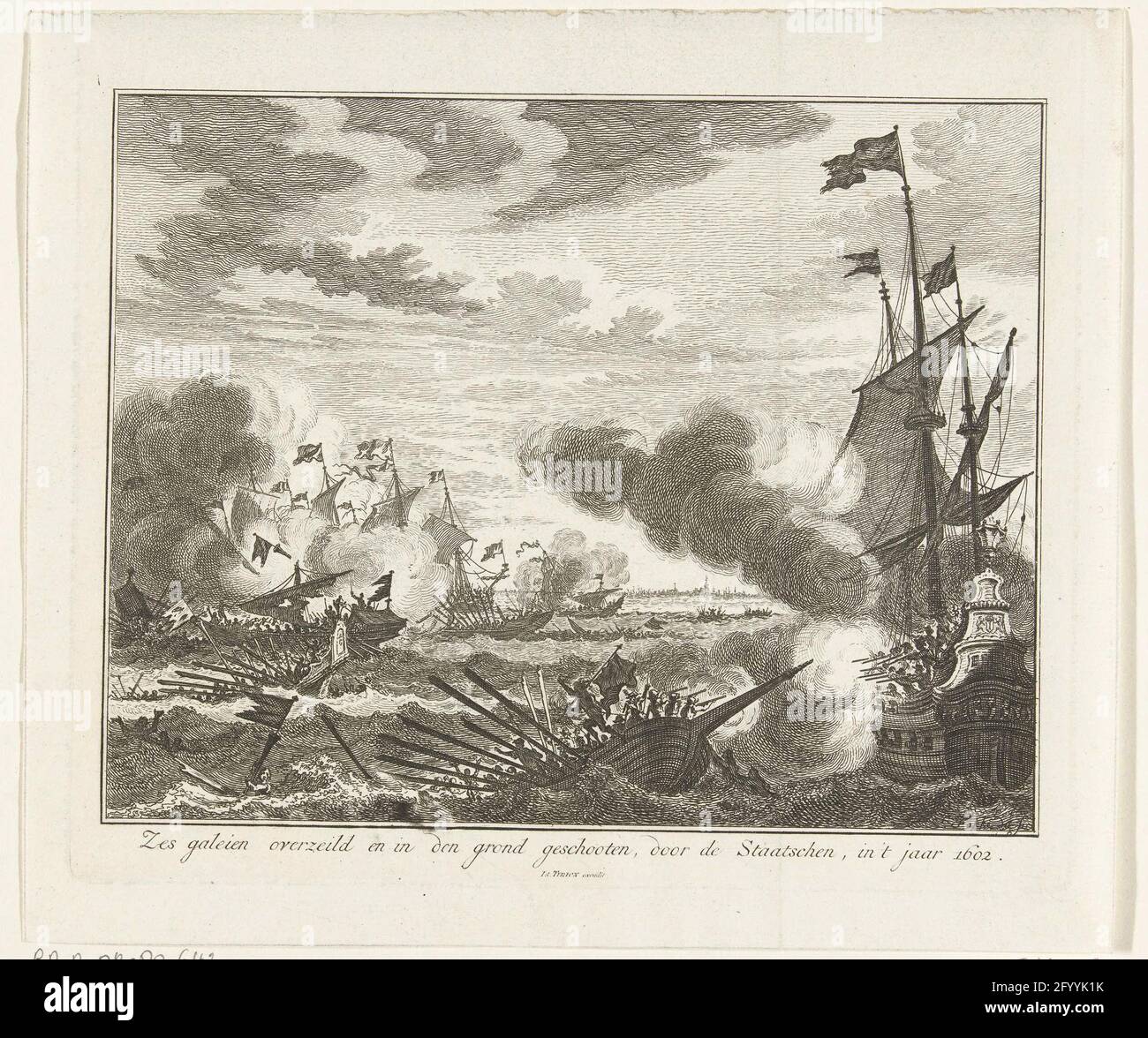 La distruzione del Gaalieno spagnolo per la costa fiamminga, 1602; sei galeien ingenui e macchiati nel terreno, dallo Staterschen, nell'anno 1602. La distruzione del galeien spagnolo nel canale per la costa fiamminga attraverso la flotta all'avanguardia sotto il vice-ammiraglio Jacob van Duivenvoorde, Signore di Obdam, 3 ottobre 1602. In primo piano un galei è sotto il fuoco di una nave olandese. Foto Stock