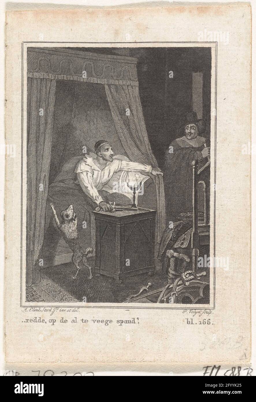 Fallito attacco a Willem van Oranje, 1572. Fallito attacco da parte di uno spagnolo al principe Willem i, nella notte del 11 il 12 settembre 1572 prima di montagne in Hainaut. Scena notturna dove il principe si risveglia a letto abbaiando il suo cane. Foto Stock